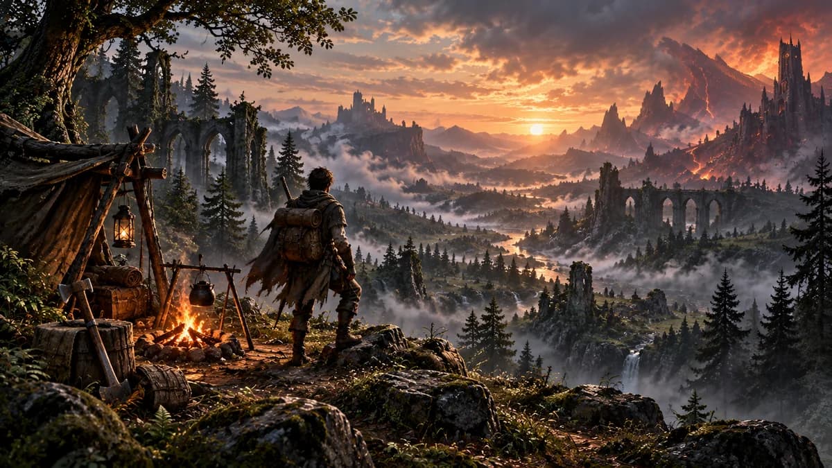 A lone adventurer overlooking Ashenfall from a camp
